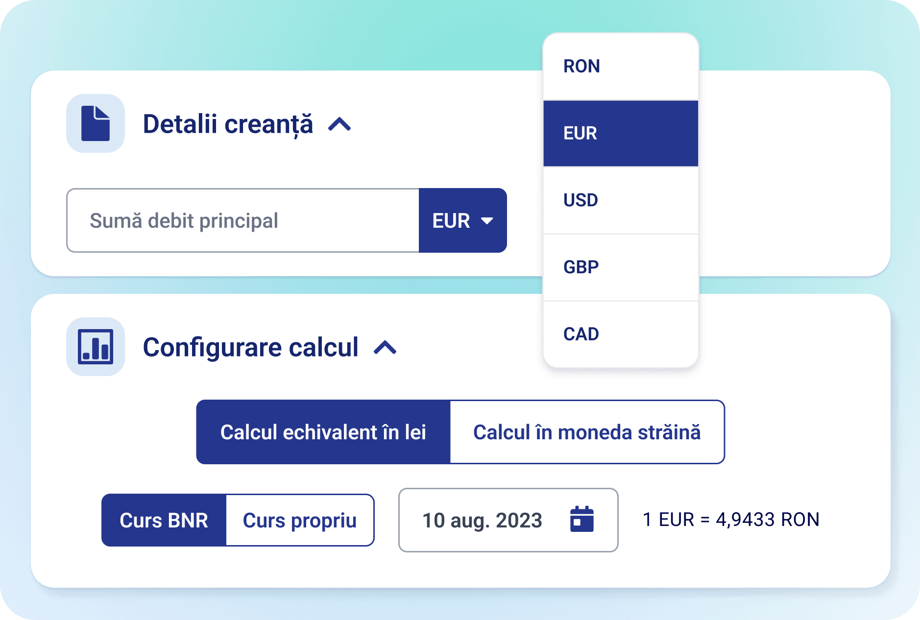 Modul aplicatie configurare debit principal si varianta calcul accesorii creante