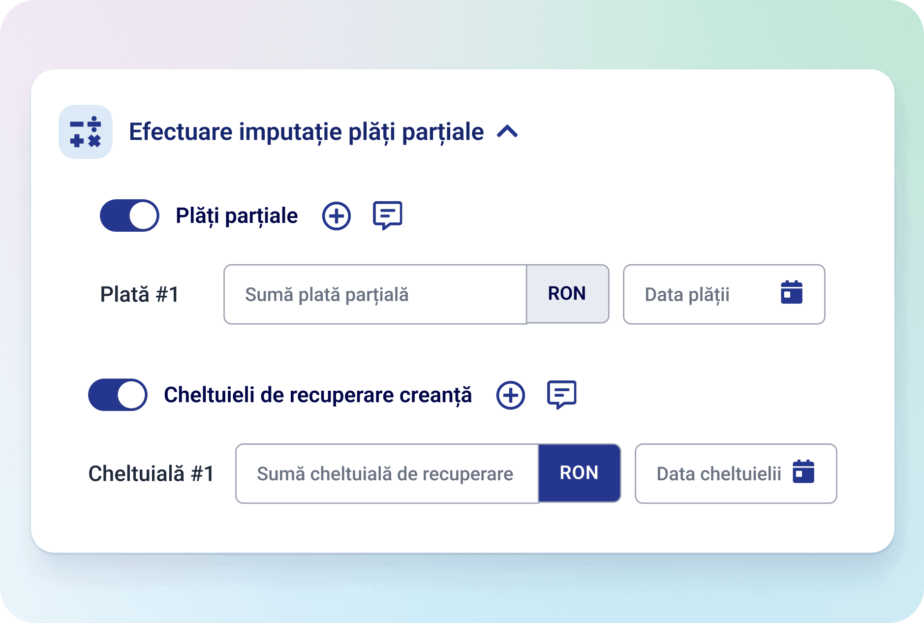 Modul aplicatie configurare plati partiale si cheltuieli de recuperare creanta calcul accesorii creante