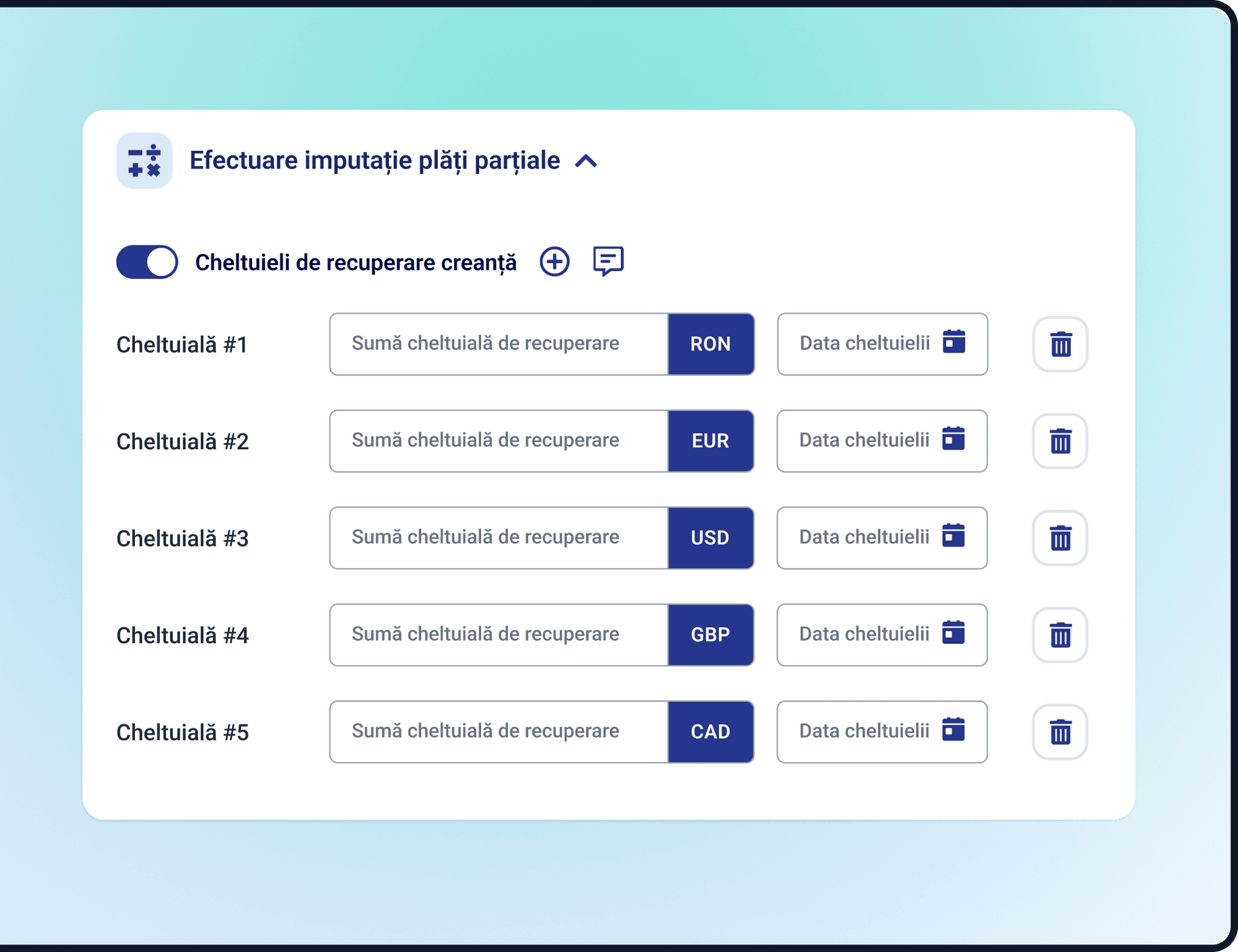 Modul aplicatie configurare cheltuieli de recuperare creanta in diferite monede pentru calcul accesorii creante