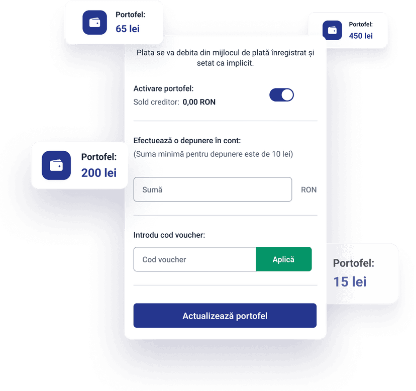 Modul aplicatie alimentare portofel pentru achizitie calcul accesorii creante